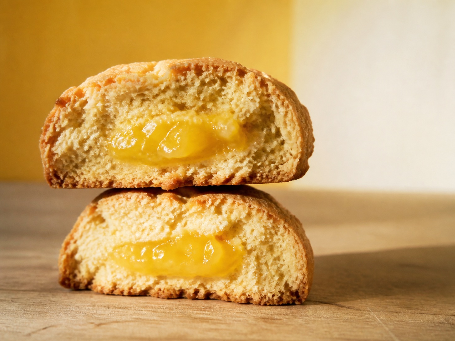 Two halves of a golden citrus curd scone stacked on a wooden board