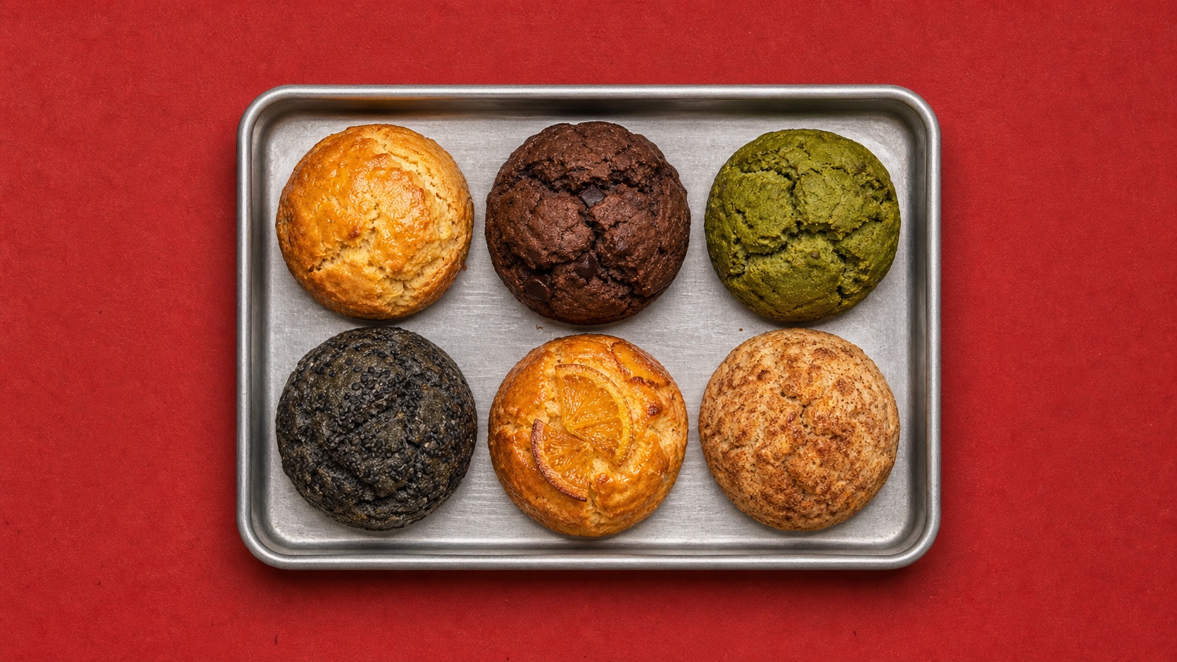 Six handmade scones arranged in a centered metal tray on a deep red background